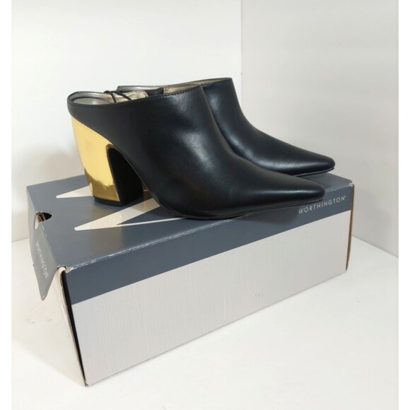 Worthington Women's Size 7 Nelda Mules 7M Black Gold Shiny Heel Slip On - Picture 2 of 13